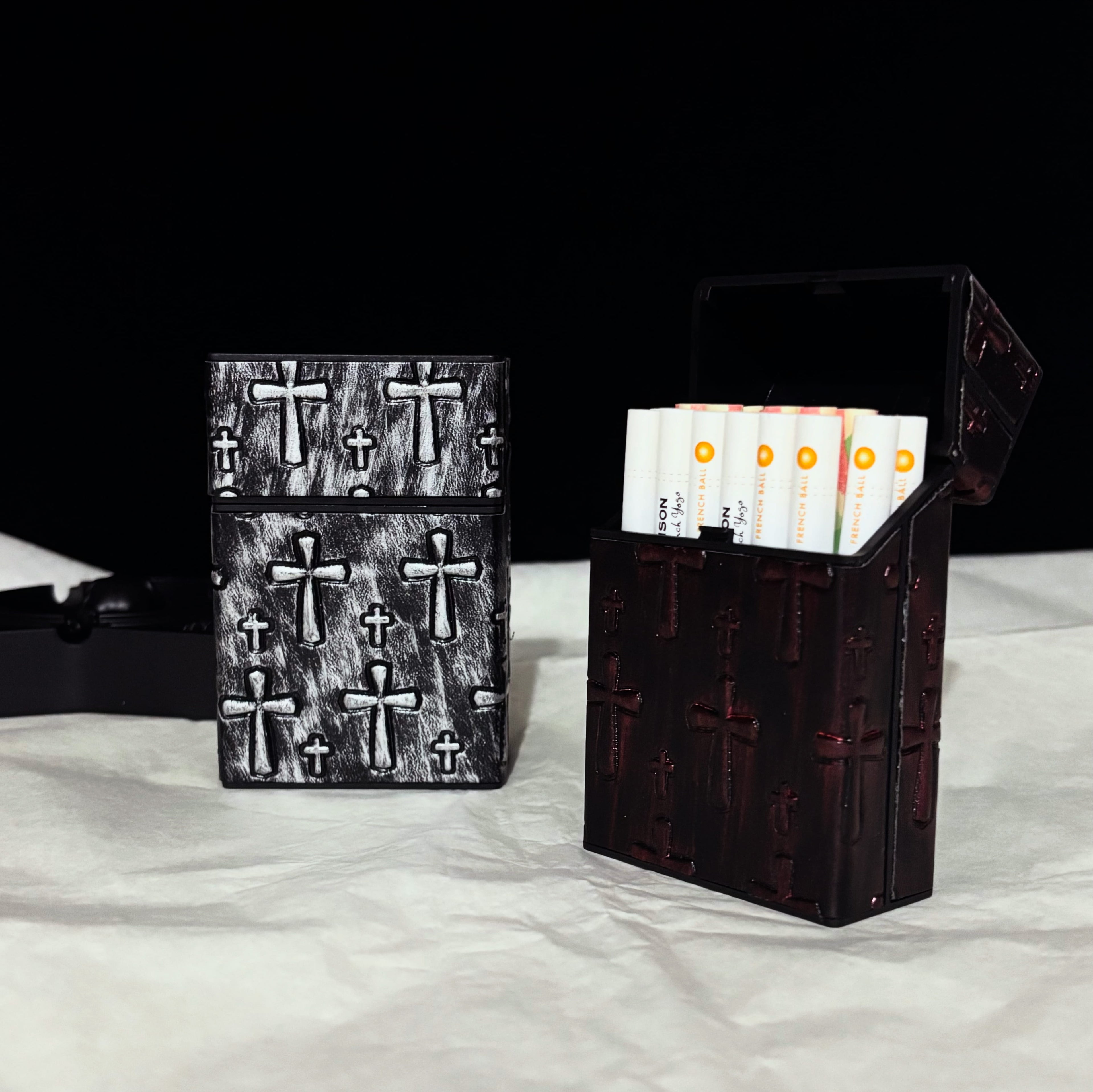 Gothic cross-embossed leather-look cigarette case