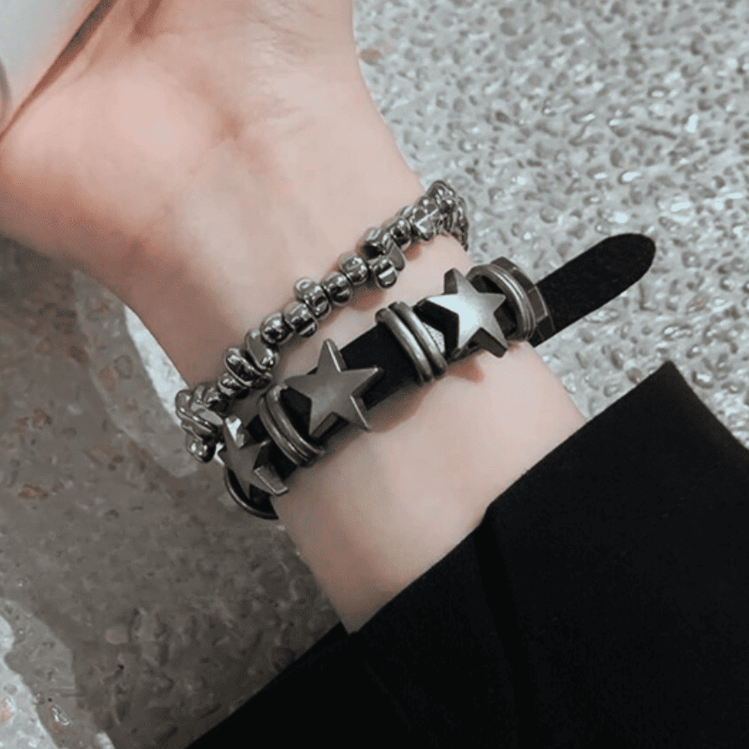 Star Studded Leather & Stone Bracelet Set
