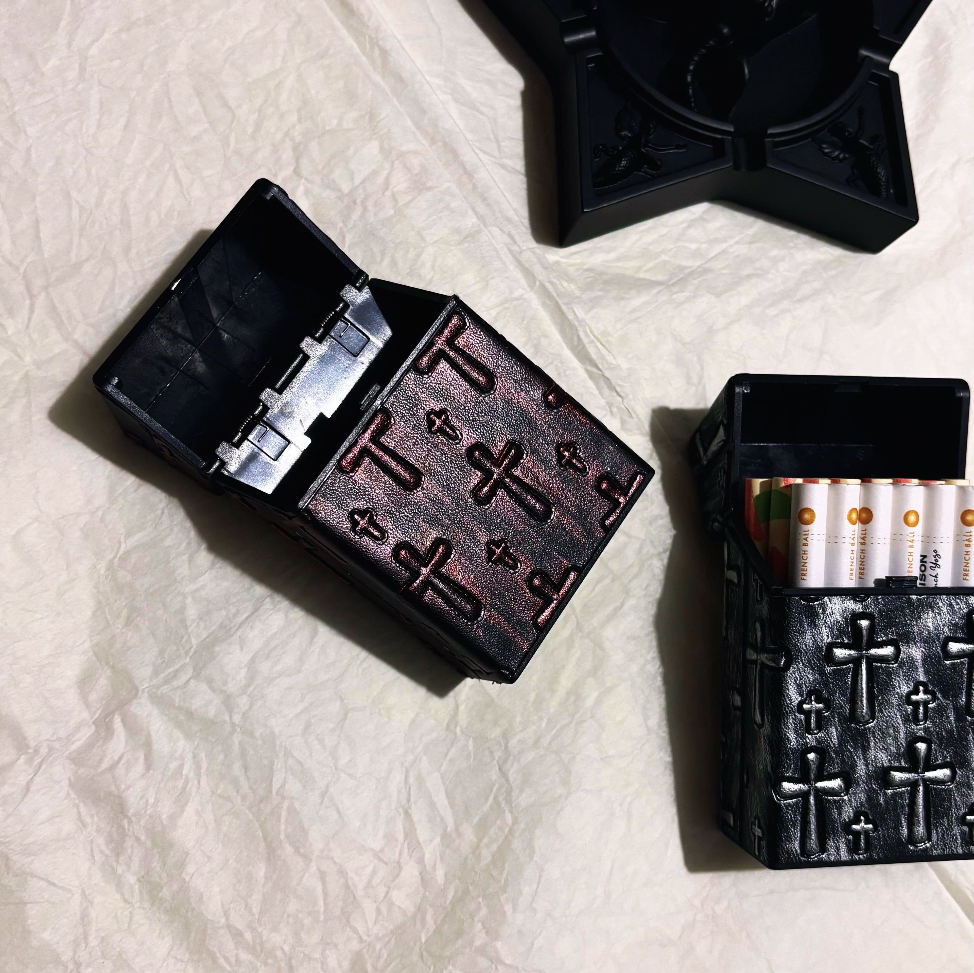 Gothic cross-embossed leather-look cigarette case