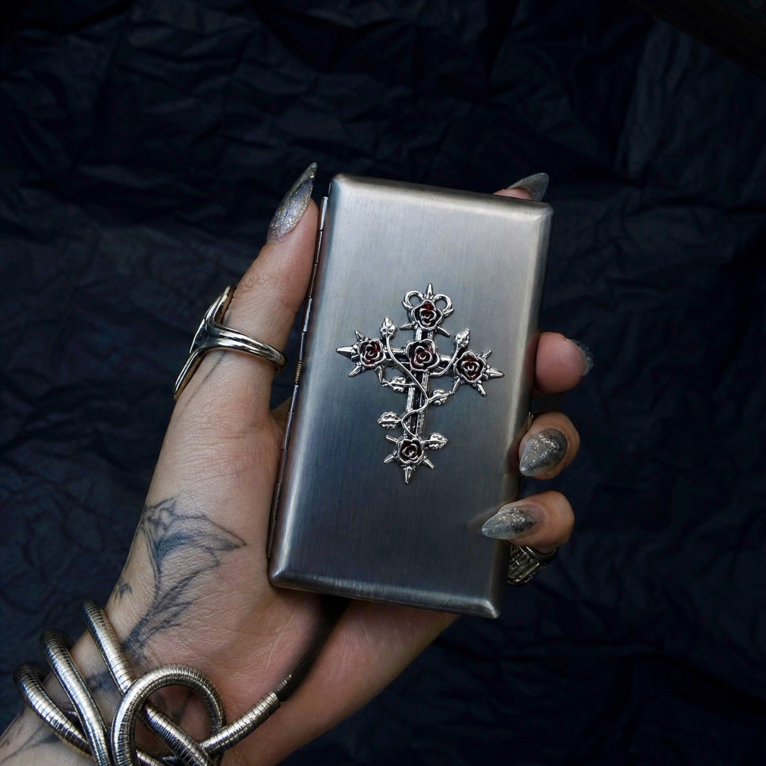Black and red Gothic rose cross cigarette case for alternative fashion