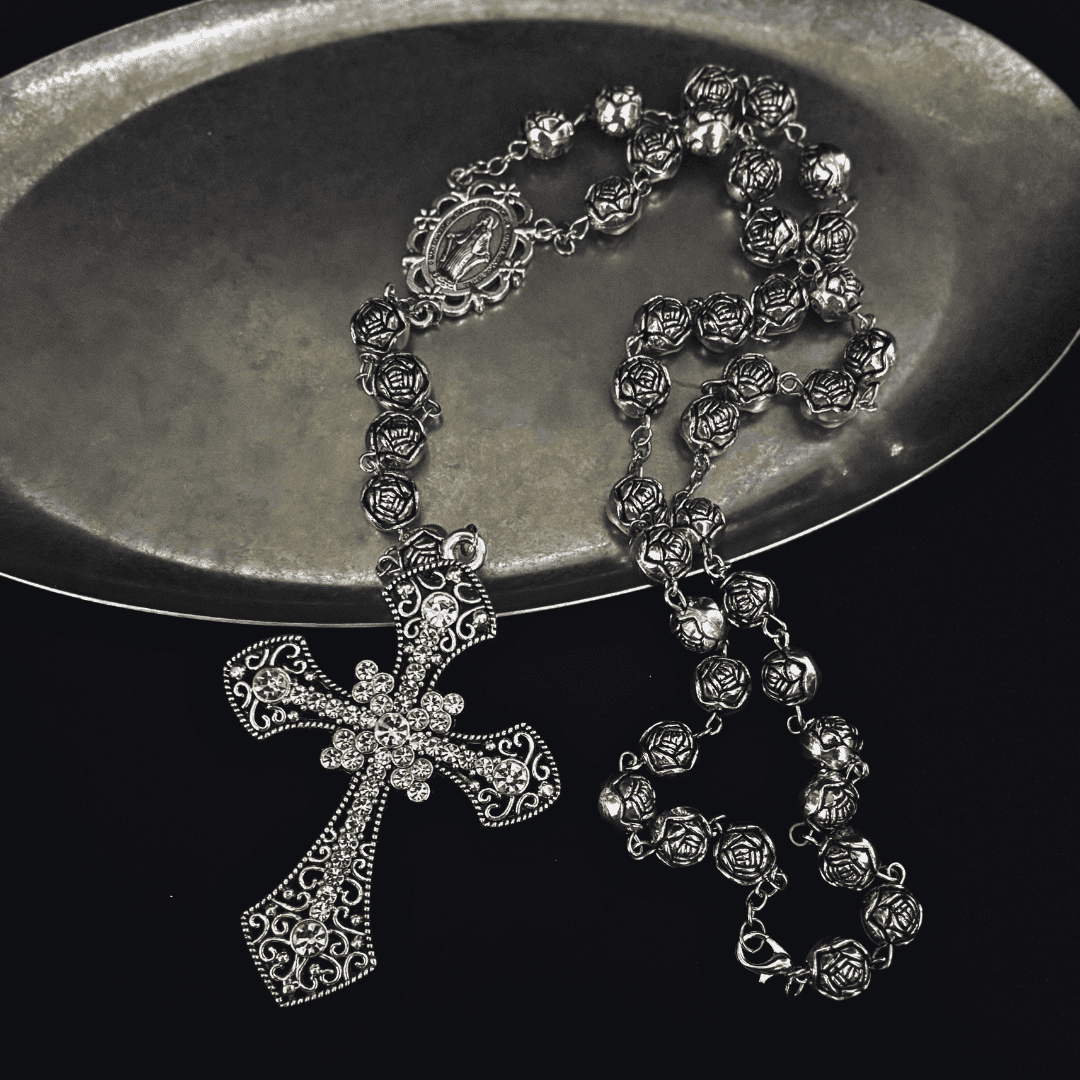 Rose Rosary Cross Necklace