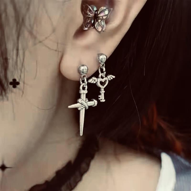 Heart Key & Cross Earrings