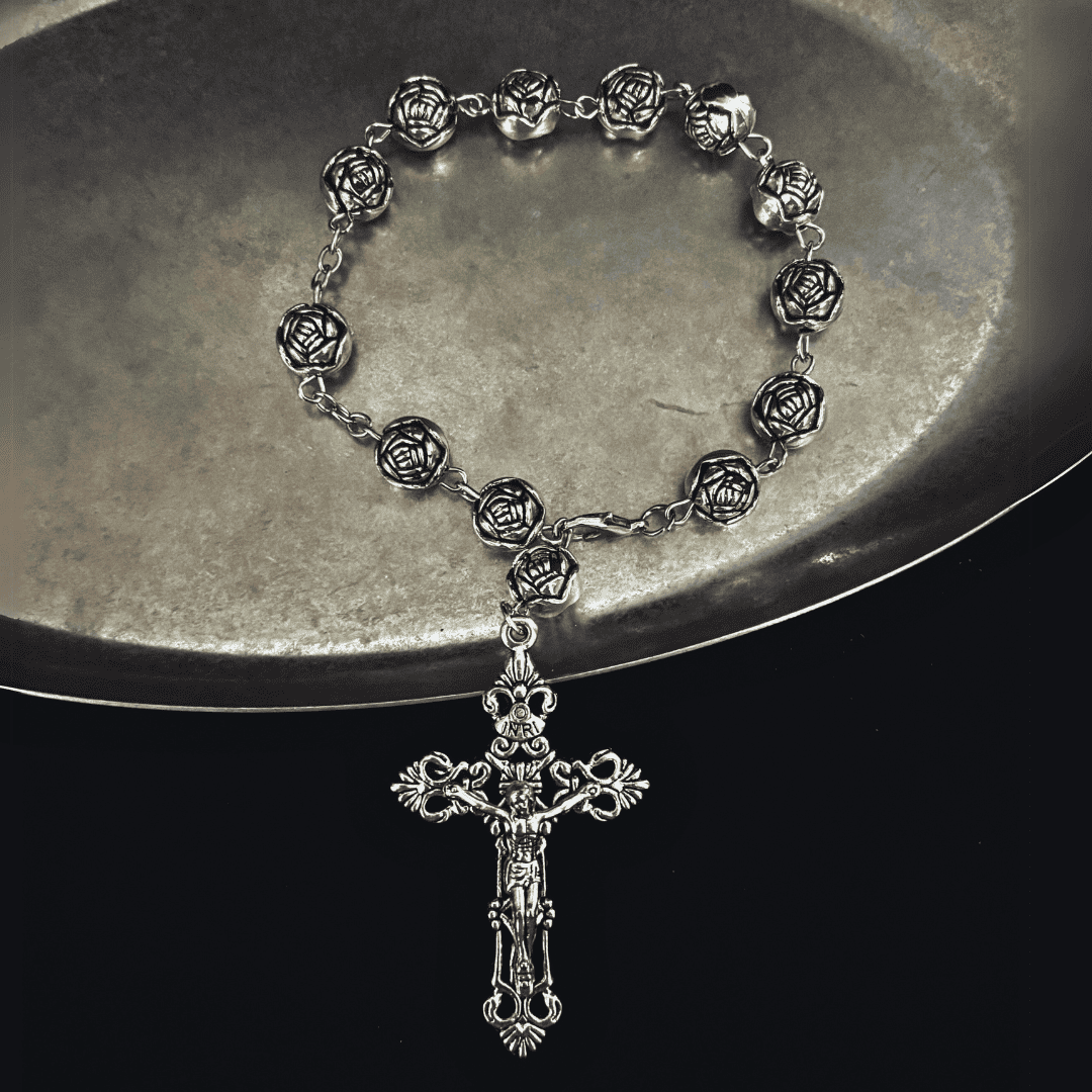 Rose Rosary Cross Bracelet