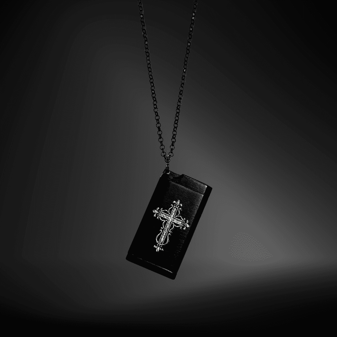 Gothic Cross Mini Portable Ashtray Necklace worn with layered gothic necklaces