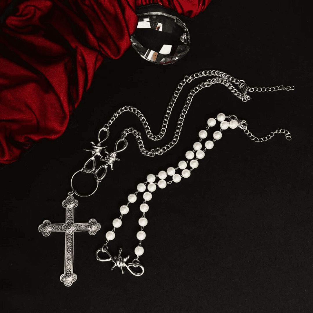 Thorns and Pearls Cross Necklace Set