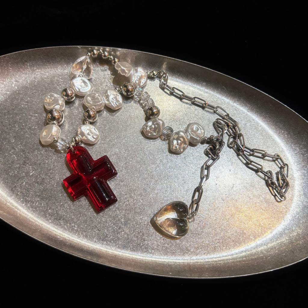 Crimson-Cross&Pearl Necklace
