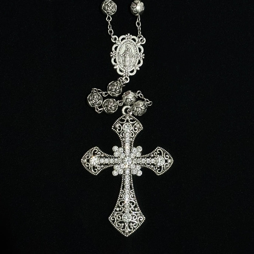 Rose Rosary Cross Necklace