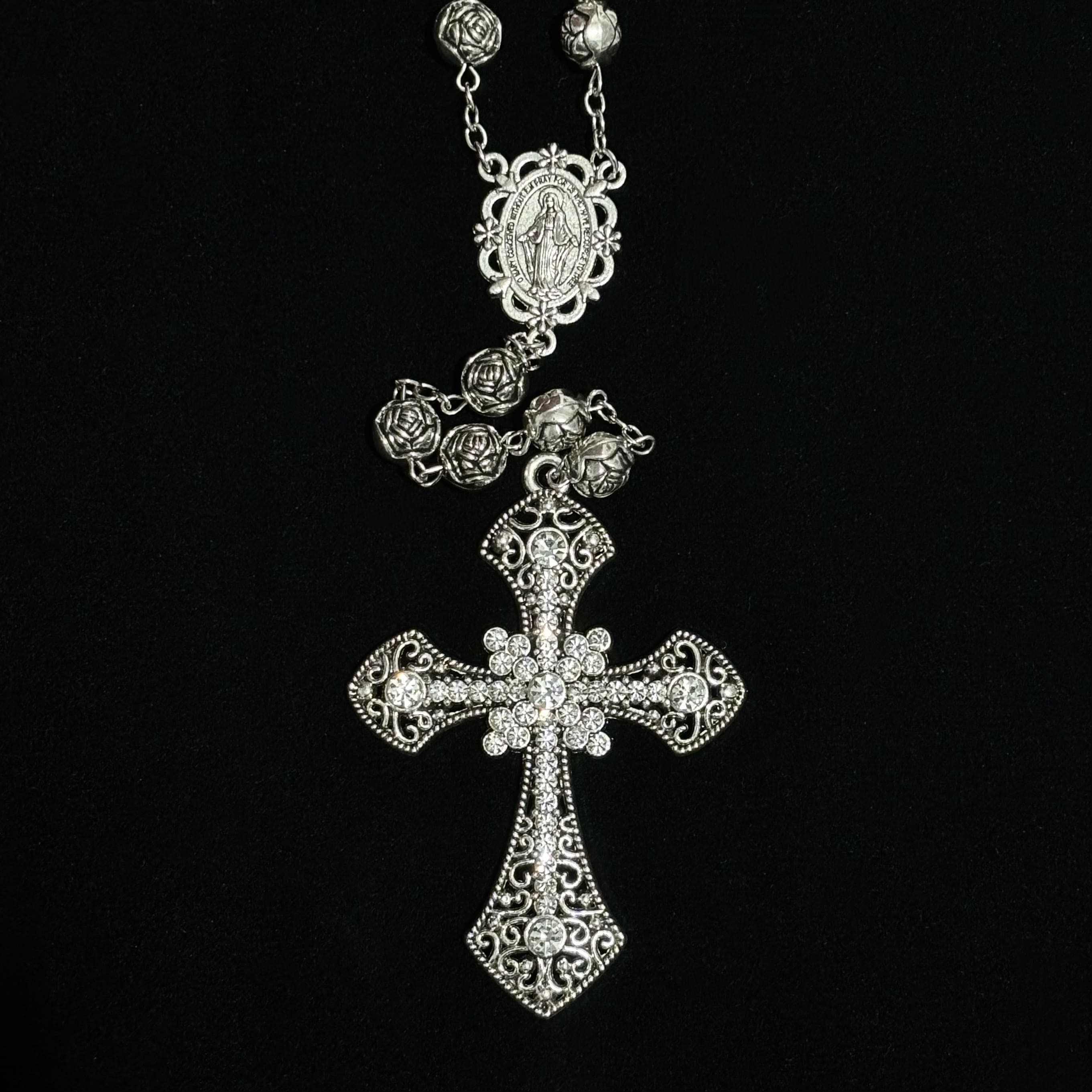 Rose Rosary Cross Necklace