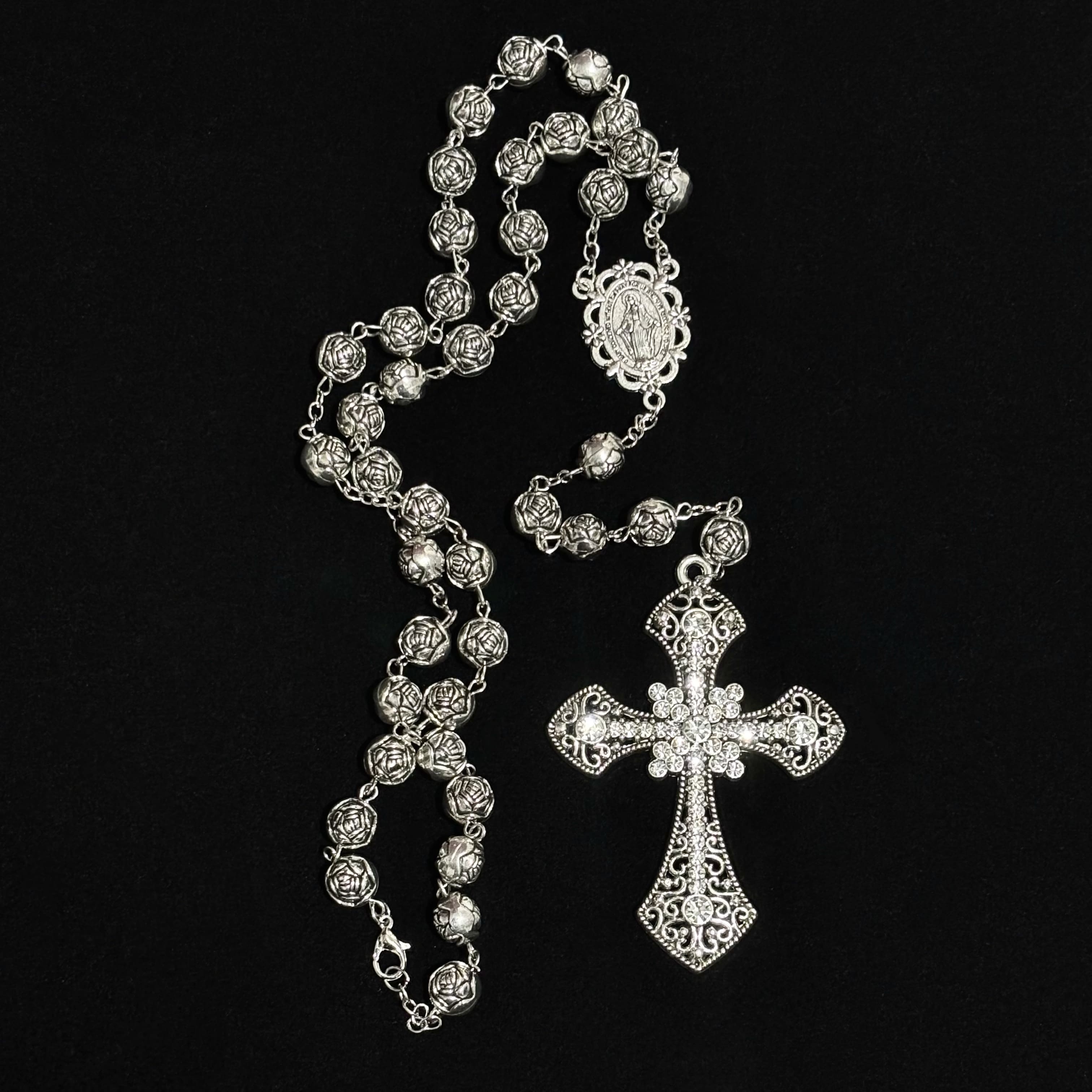 Rose Rosary Cross Necklace