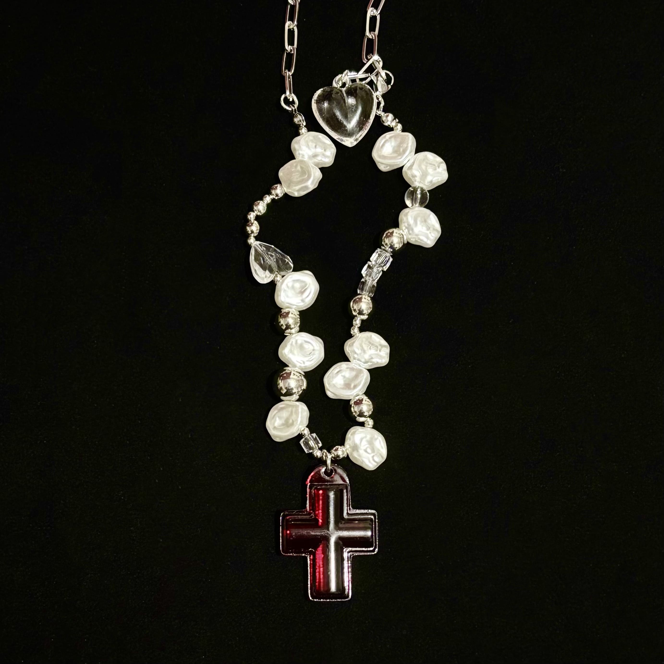 Crimson-Cross&Pearl Necklace
