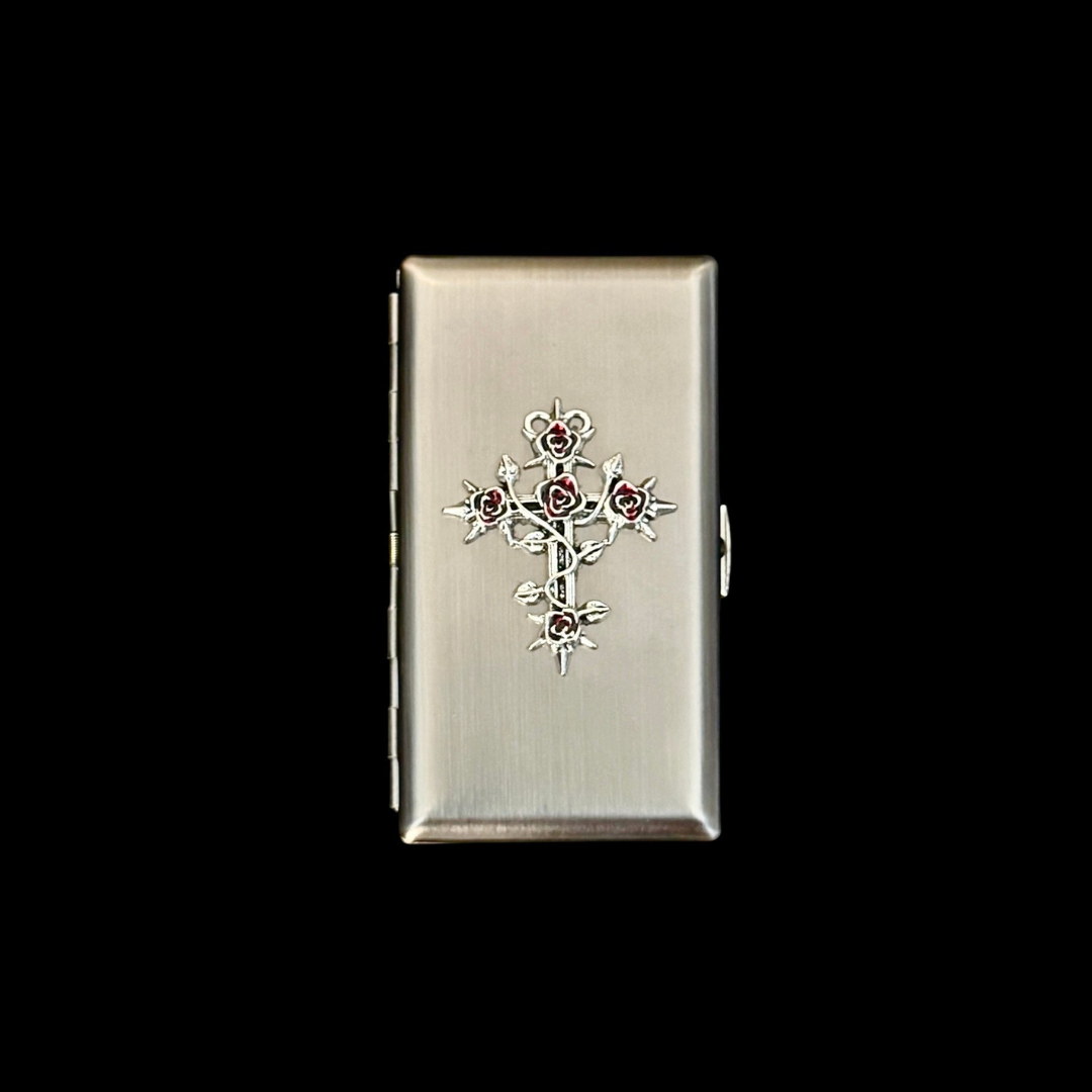 Gunmetal black Gothic cigarette case with red rose cross design