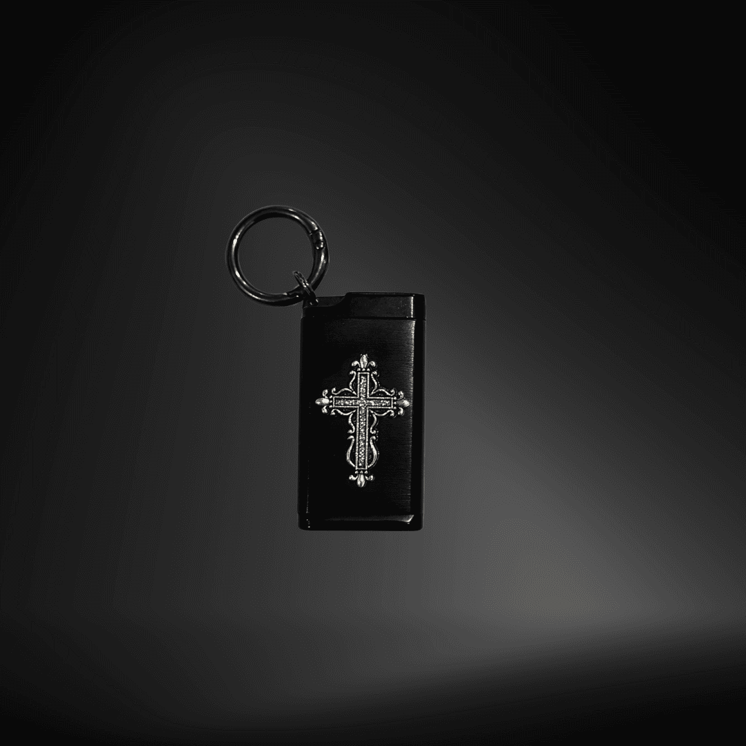 Gothic Cross Mini Portable Ashtray Keychain attached to jeans belt loop