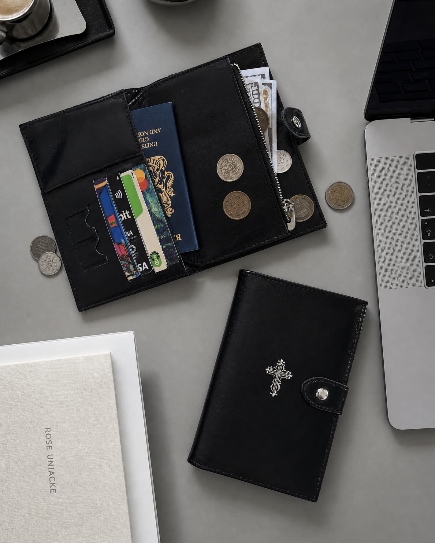 Compact RFID passport holder with multiple storage compartments