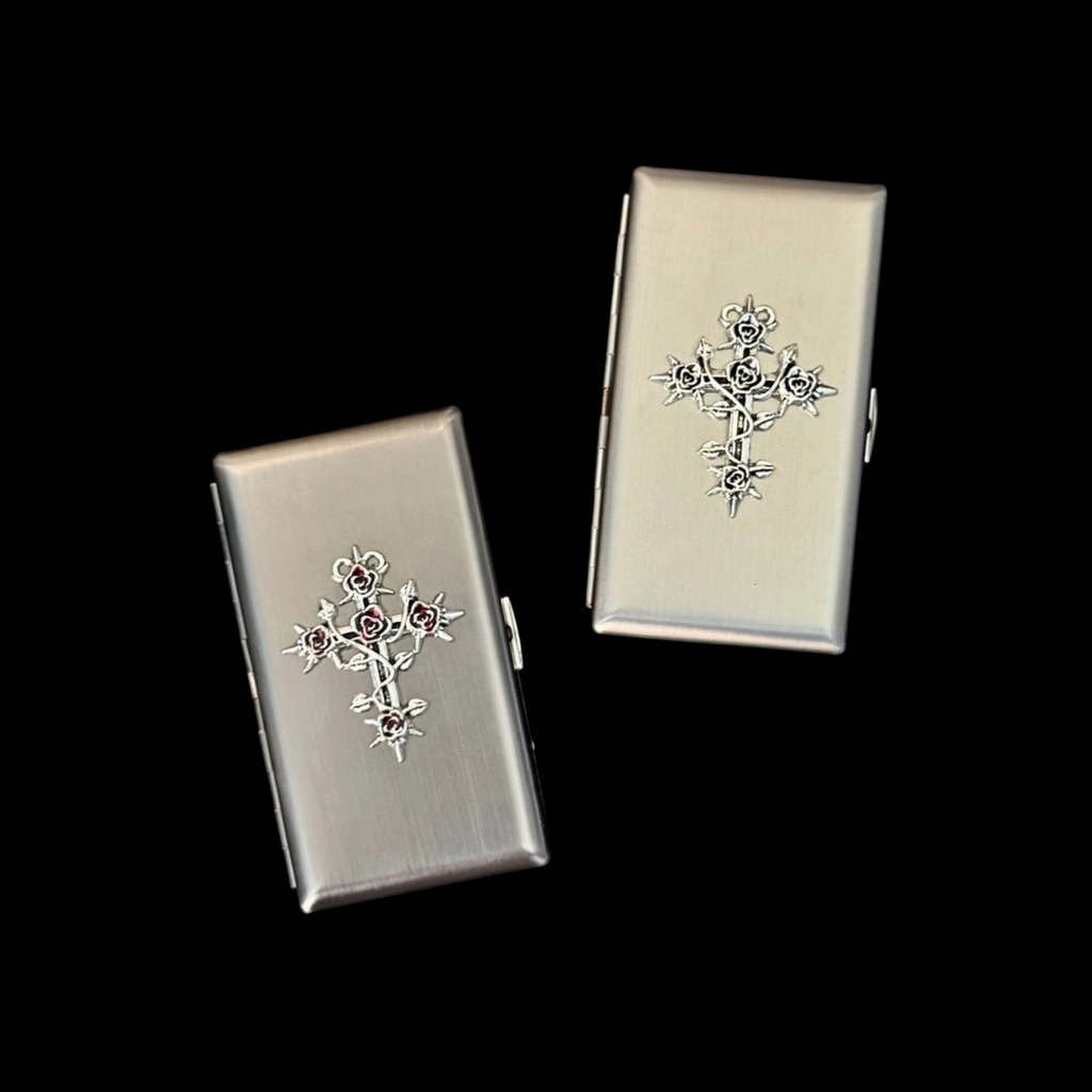 Silver Gothic Rose Cross cigarette case with brushed metal finish
