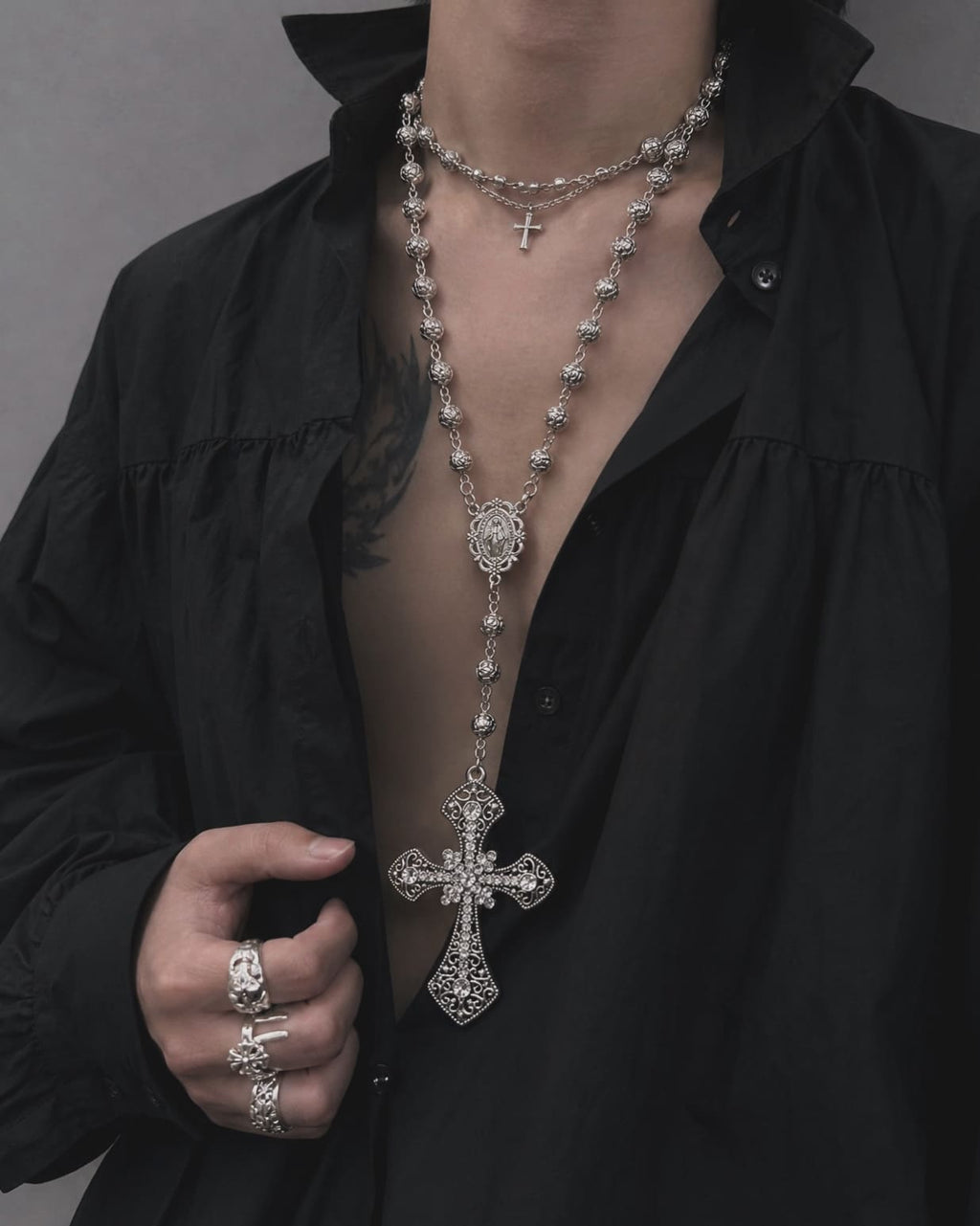 Rose Rosary Cross Necklace