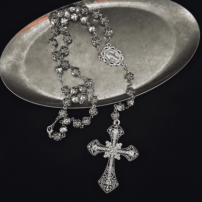 Rose Rosary Cross Necklace