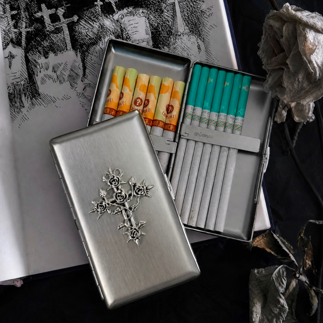 Gothic Rose Cross Cigarette Case opened to show storage for regular and slim cigarettes