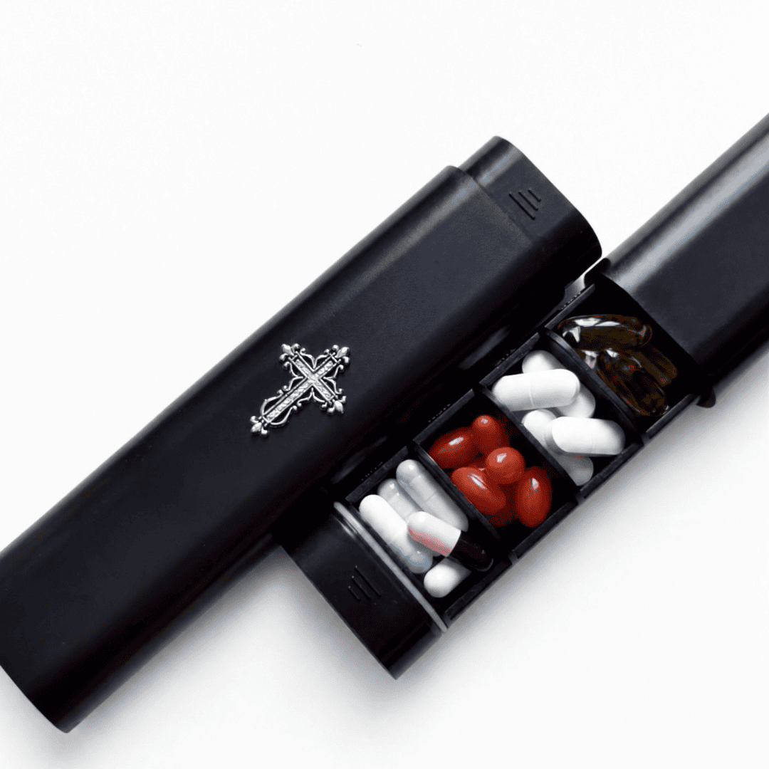 Gothic everyday carry pill organizer with compact vertical design