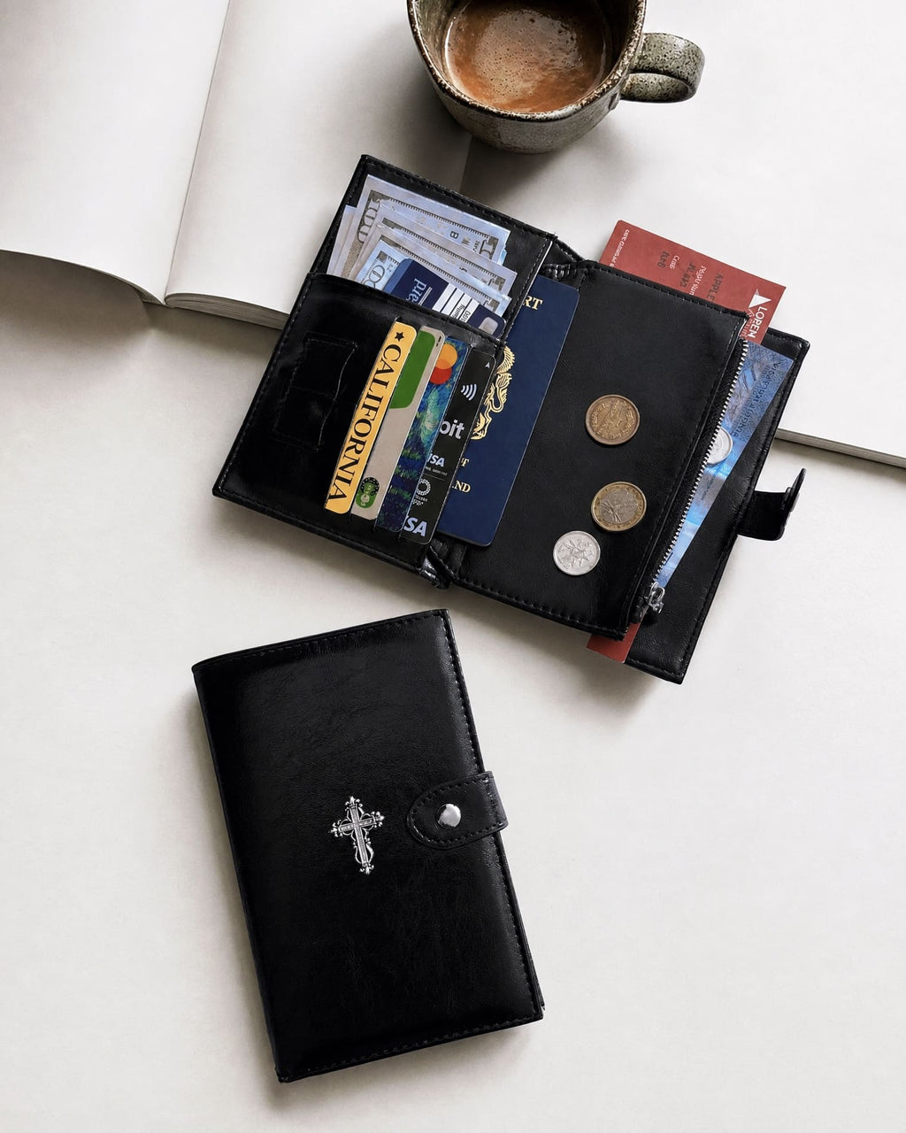 RFID passport wallet with zipper pocket and SIM card holders