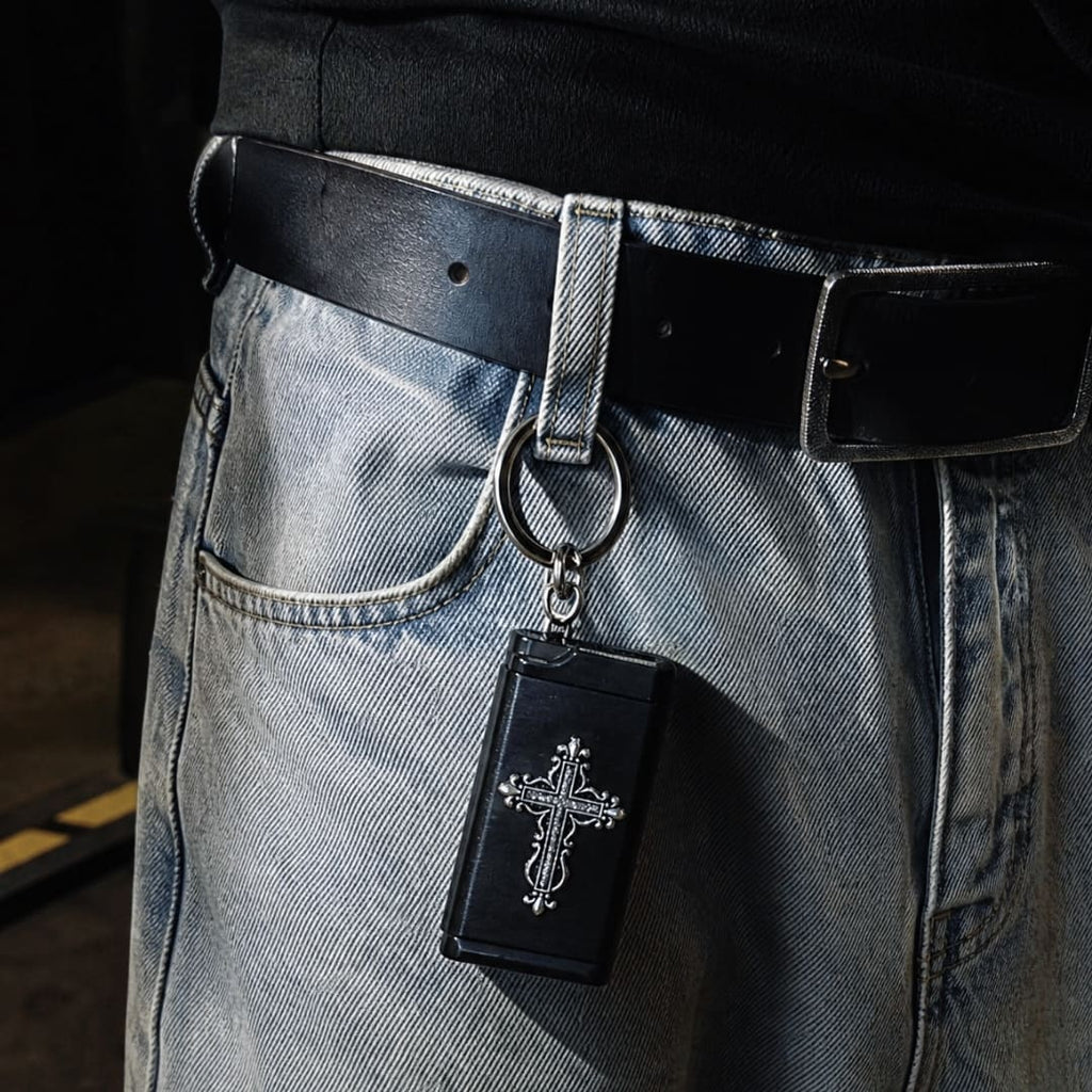 Compact gothic cross pocket ashtray with black finish