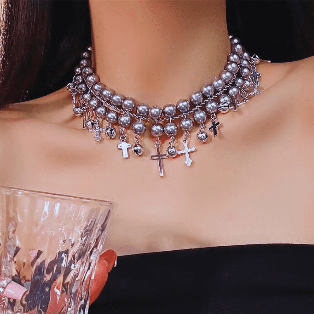 Pearl Bell Cross Choker