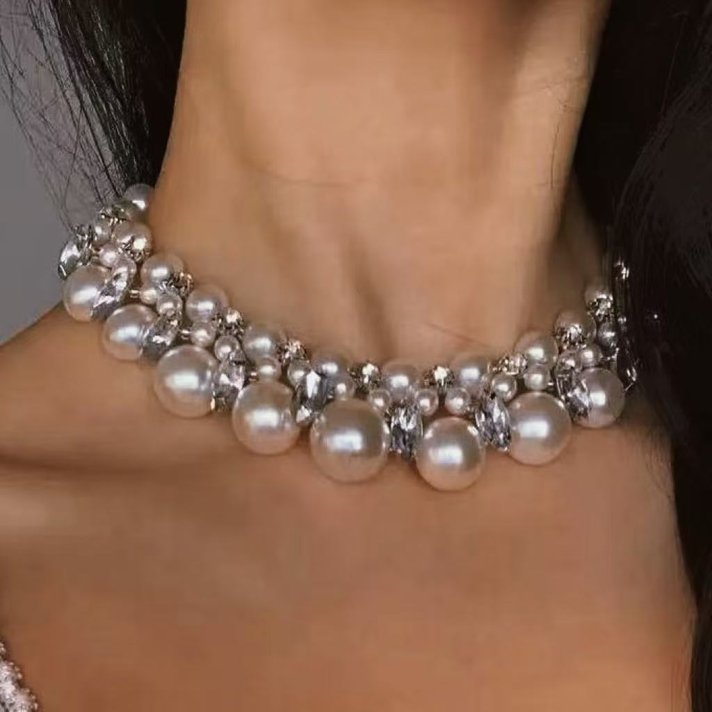 Rhinestone & Pearl Multi-Layer Necklace
