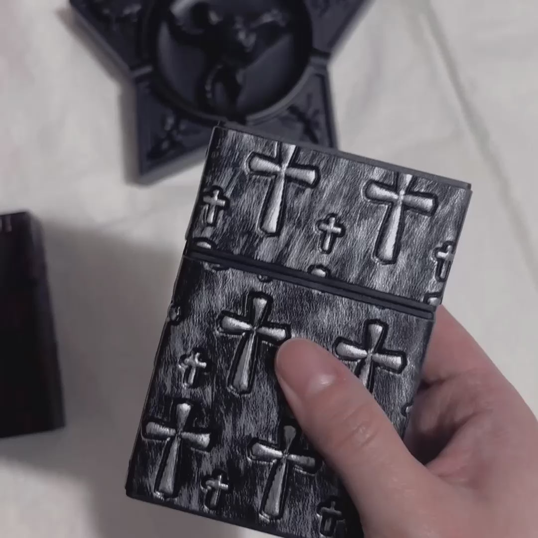 Gothic cross-embossed leather-look cigarette case